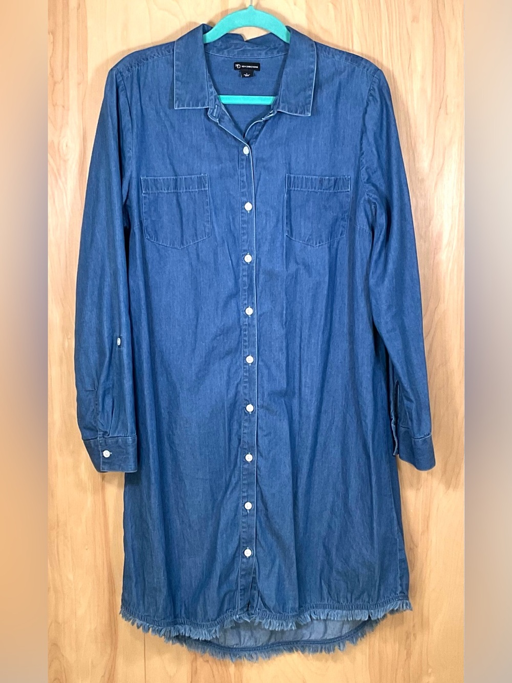 New Directions Button Up Tunic Trench Cotton Jean Shirt Jacket - EUC